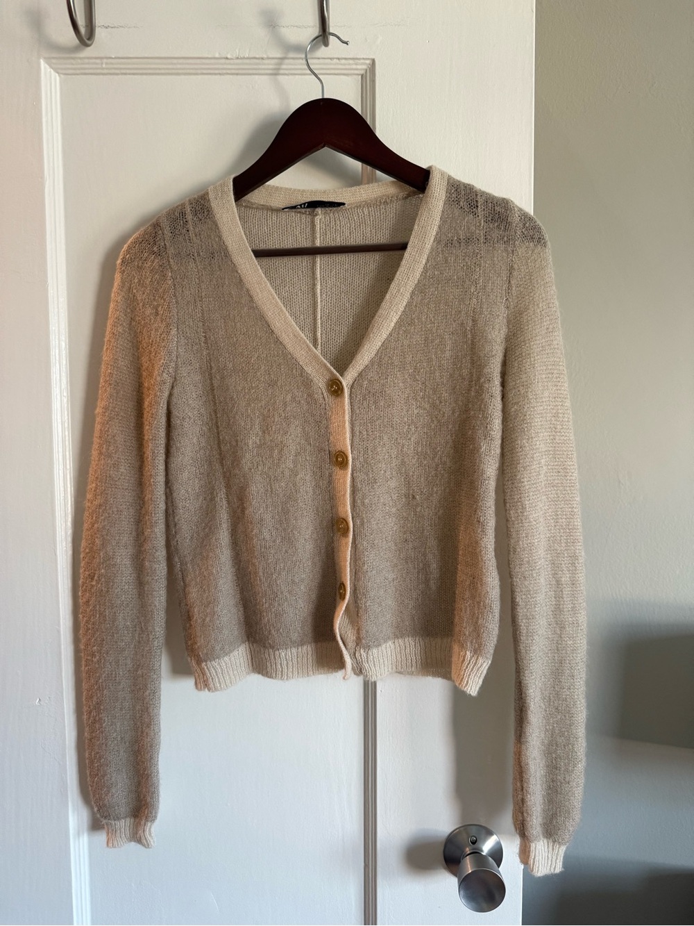 Zara Cream Beige V-Neck Button-Front Cardigan